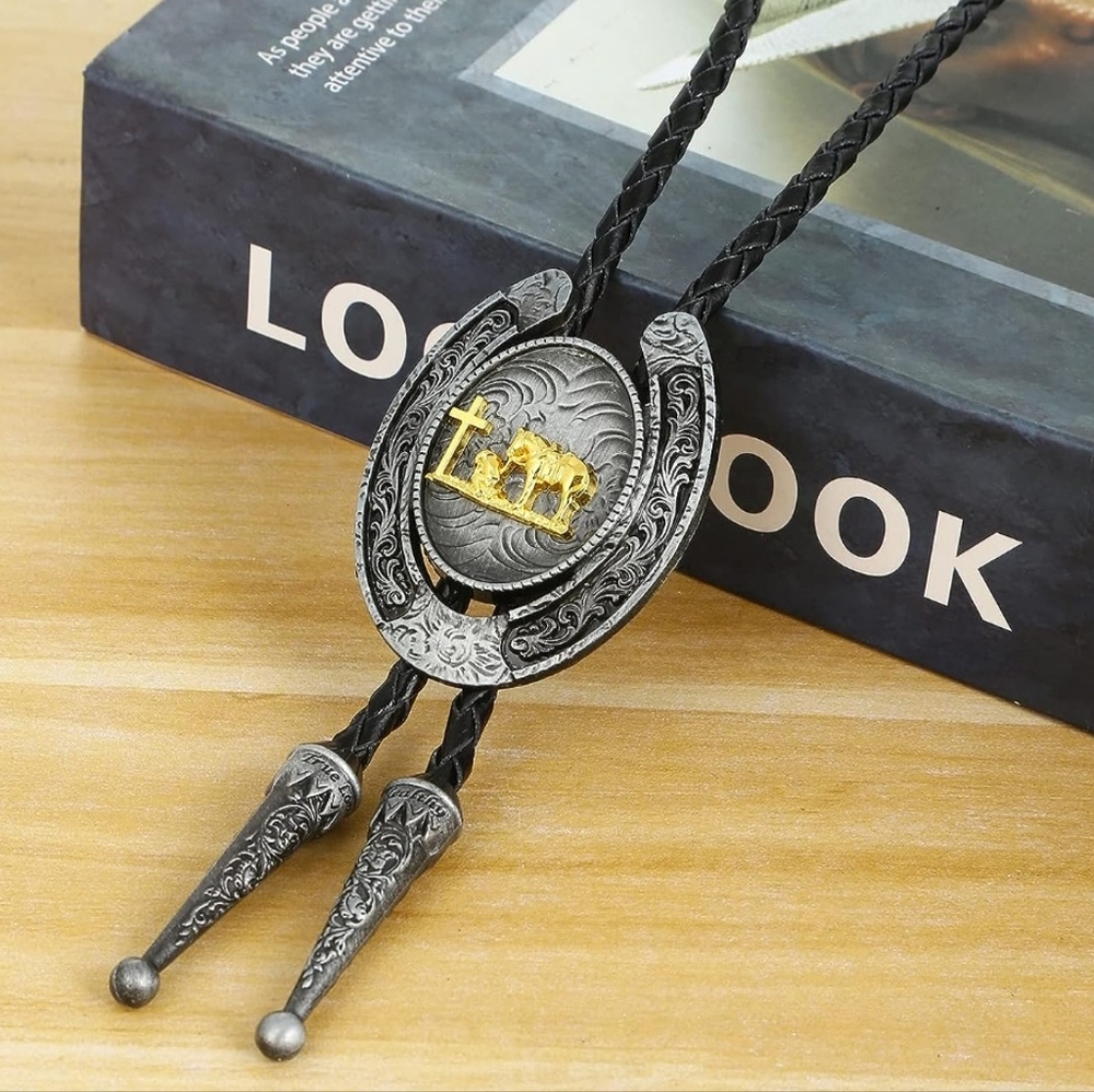 Beautiful black and silver leather bolo tie